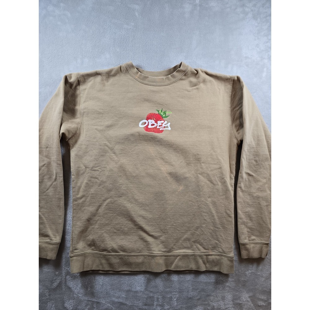 Obey Mens Large Crew Neck Pullover Sweatshirt Fleece Strawberry‎